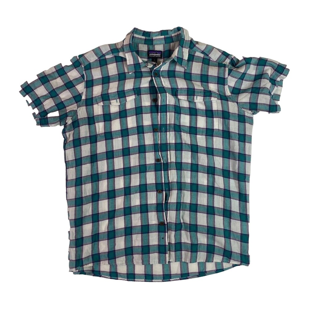 Patagonia Steersman Button Up Shirt Mens Large Aqua Plaid Short Sleeve‎